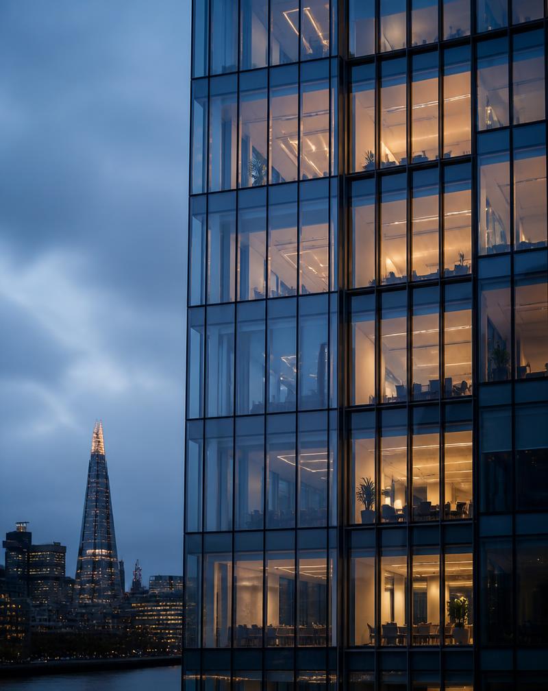 Illuminated glass-fronted London office building at dusk